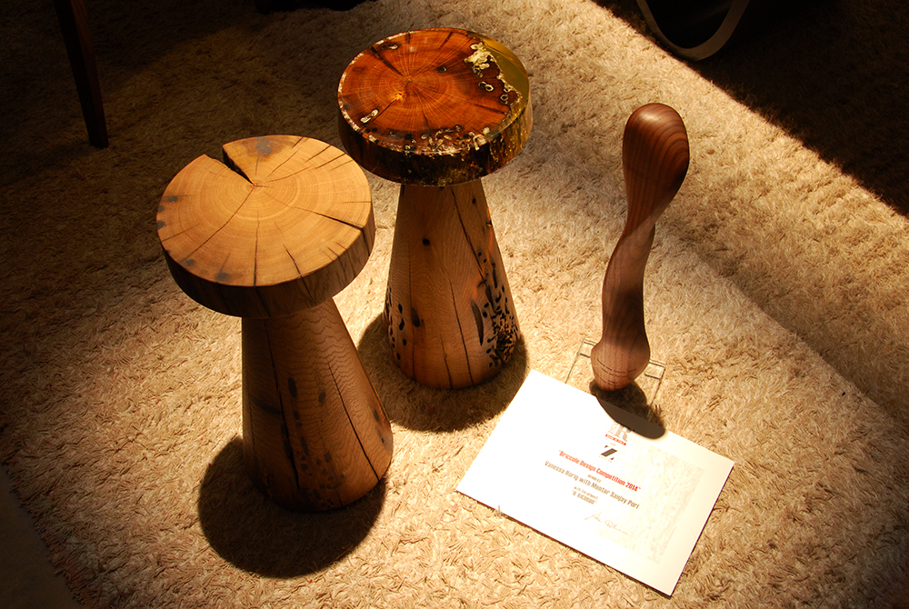 The prototypes, one with natural resin and the other with Wax, the trophy designed by Karim Rashid and the certificate. 
