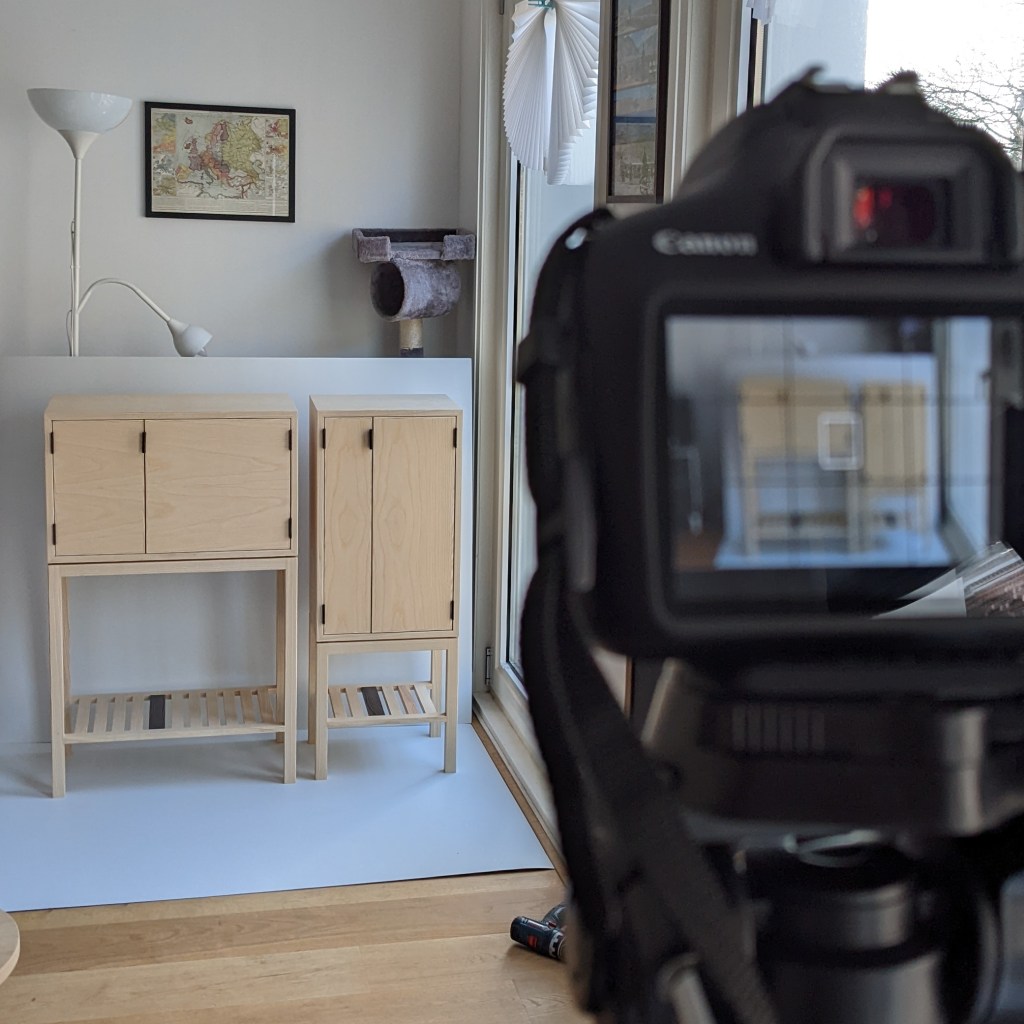 I use a camera and tripod to photograph my products in natural lighting